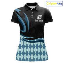 Load image into Gallery viewer, Personalized Womens Golf Polo Shirt Custom Name, Black Blue Argyle Golf Team Polo 