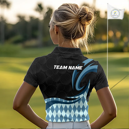 Personalized Womens Golf Polo Shirt Custom Name, Black Blue Argyle Golf Team Polo 