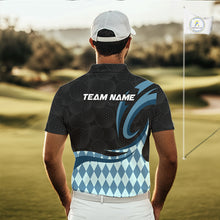 Load image into Gallery viewer, Personalized Mens Golf Polo Shirt Custom Name, Black Blue Argyle Golf Team Polo 