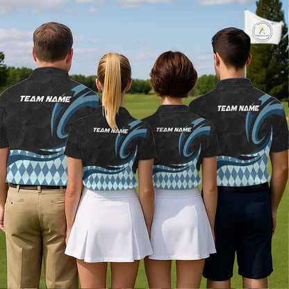 Personalized Mens Golf Polo Shirt Custom Name, Black Blue Argyle Golf Team Polo NHT1075