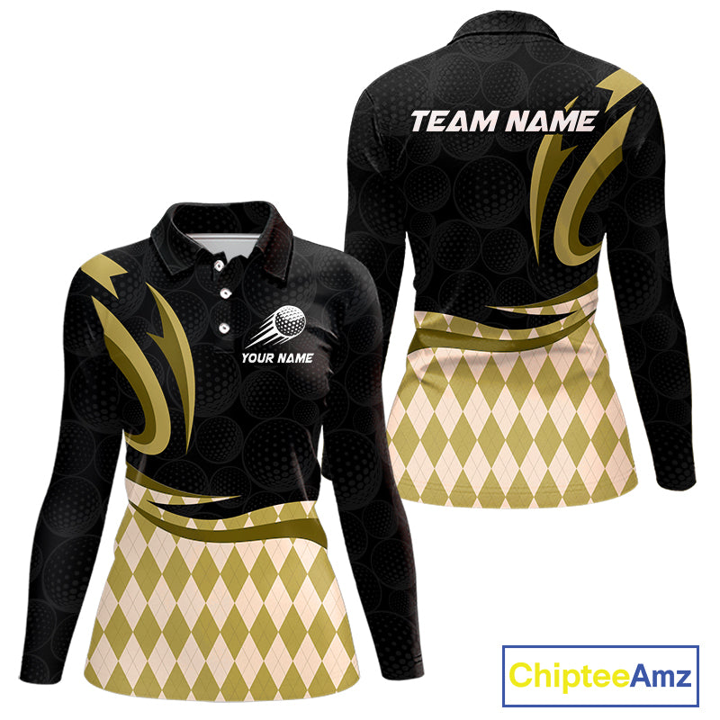 Personalized Womens Golf Polo Shirt Custom Name, Black Yellow Argyle Golf Team Polo 