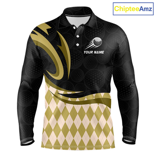 Personalized Mens Golf Polo Shirt Custom Name, Black Yellow Argyle Golf Team Polo 