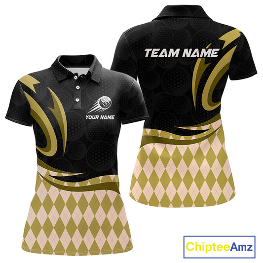 Personalized Womens Golf Polo Shirt Custom Name, Black Yellow Argyle Golf Team Polo 