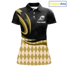 Load image into Gallery viewer, Personalized Womens Golf Polo Shirt Custom Name, Black Yellow Argyle Golf Team Polo 
