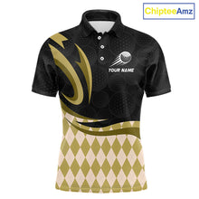 Load image into Gallery viewer, Personalized Mens Golf Polo Shirt Custom Name, Black Yellow Argyle Golf Team Polo 