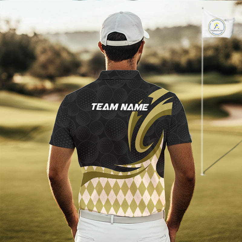Personalized Mens Golf Polo Shirt Custom Name, Black Yellow Argyle Golf Team Polo 