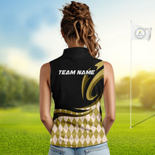 Load image into Gallery viewer, Personalized Womens Sleeveless Golf Polo Shirt Custom Name, Black Yellow Argyle Golf Team Polo 
