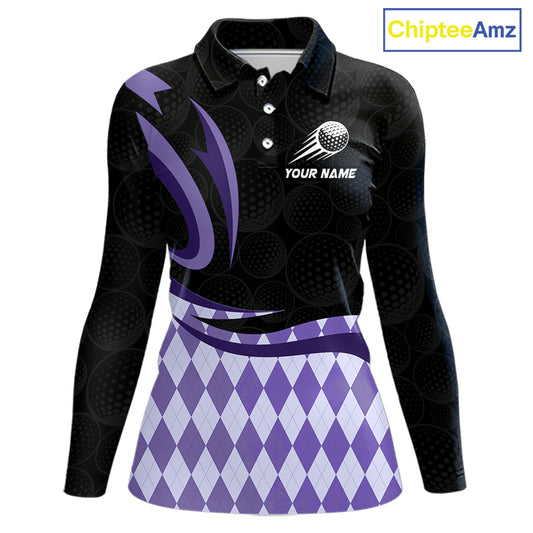 Personalized Womens Golf Polo Shirt Custom Name, Black Purple Argyle Golf Team Polo 