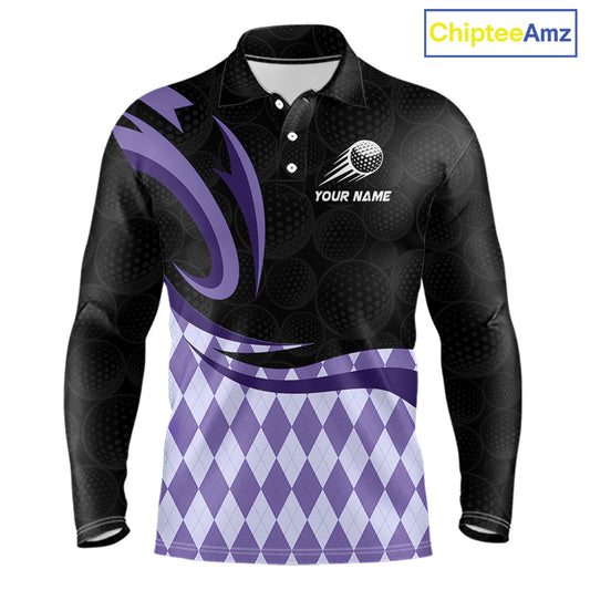 Personalized Mens Golf Polo Shirt Custom Name, Black Purple Argyle Golf Team Polo 