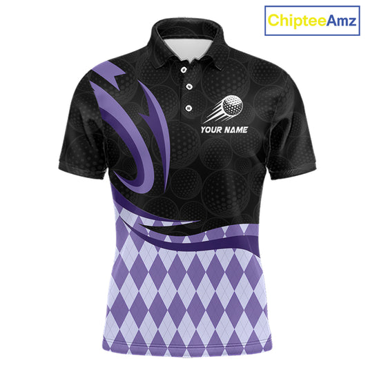 Personalized Mens Golf Polo Shirt Custom Name, Black Purple Argyle Golf Team Polo