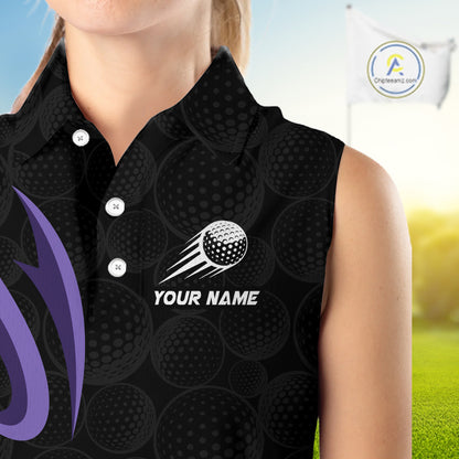 Personalized Womens Sleeveless Golf Polo Shirt Custom Name, Black Purple Argyle Golf Team Polo NHT1077