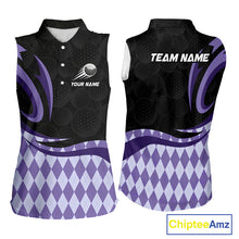 Load image into Gallery viewer, Personalized Womens Sleeveless Golf Polo Shirt Custom Name, Black Purple Argyle Golf Team Polo 