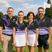 Load image into Gallery viewer, Personalized Mens Golf Polo Shirt Custom Name, Black Purple Argyle Golf Team Polo NHT1077