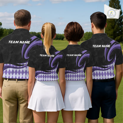 Personalized Mens Golf Polo Shirt Custom Name, Black Purple Argyle Golf Team Polo NHT1077