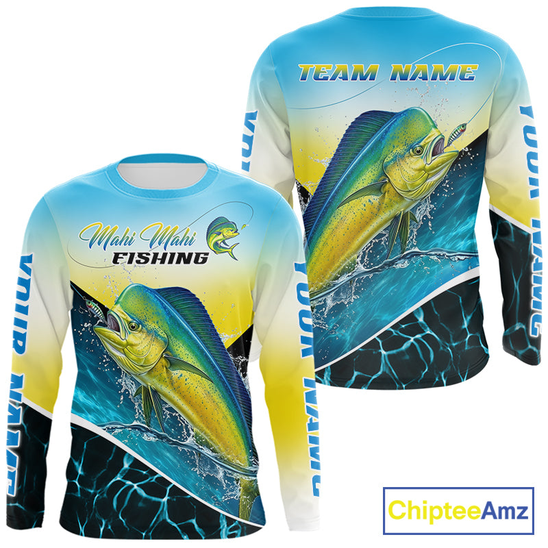 A long-sleeve crewneck fishing shirt with a vibrant Mahi Mahi fish graphic on the front, a blue-to-yellow gradient background, and 'Mahi Mahi FISHING' text across the chest. The sleeves feature 'YOUR  NAME' branding.