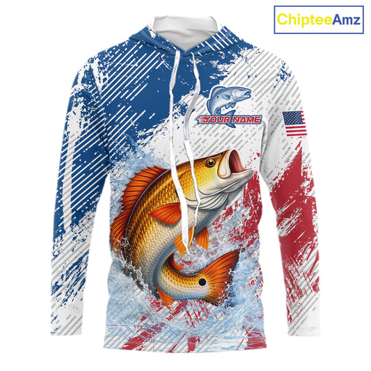 Custom Patriotic American Flag Redfish Fishing Shirts Long Sleeve Hooded, Fishing Tournament Jerseys NHT551