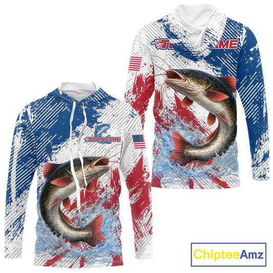 Custom Patriotic American Flag Catfish Fishing Shirts Long Sleeve Hooded, Fishing Tournament Jerseys NHT552