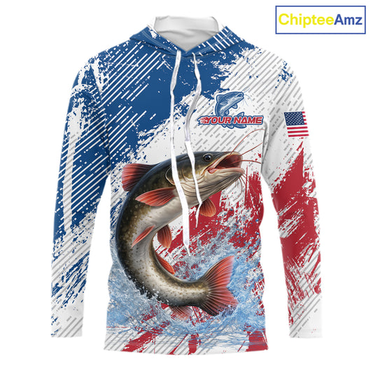 Custom Patriotic American Flag Catfish Fishing Shirts Long Sleeve Hooded, Fishing Tournament Jerseys NHT552