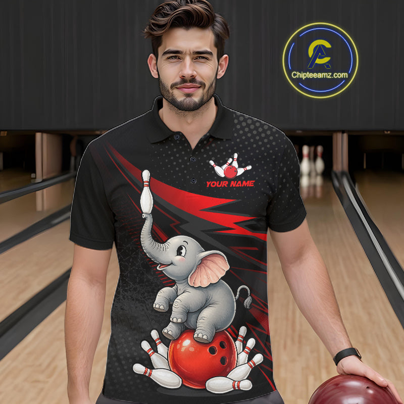 A man wearing a black bowling-themed polo shirt with a cartoon elephant graphic on the front, standing in a bowling alley holding a bowling ball. A circular 'Chipleeamz.