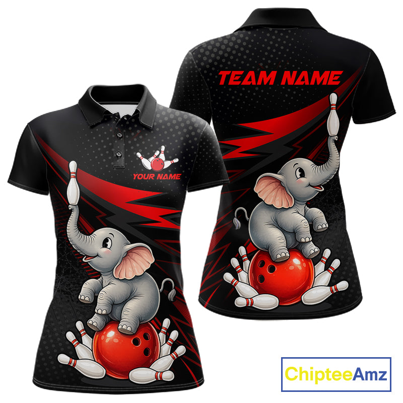 Custom black short-sleeve polo shirt shown from the front and back, featuring a cartoon baby elephant sitting on a red bowling ball with bowling pins and a red bowling ball. The front has a small customizable bowling pin graphic and the text 'YOUR NAME', while the back has 'TEAM NAME' in red.