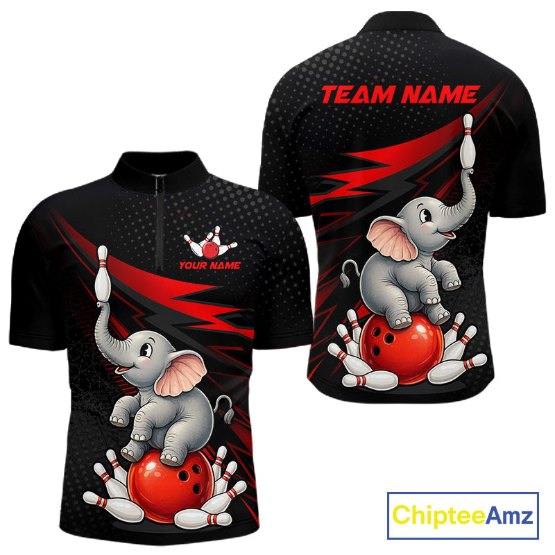 Front and back views of a black short-sleeve quarter-zip cycling jersey featuring a cartoon gray elephant balancing on a red bowling ball among white bowling pins, with red lightning accents and customizable text placeholders.