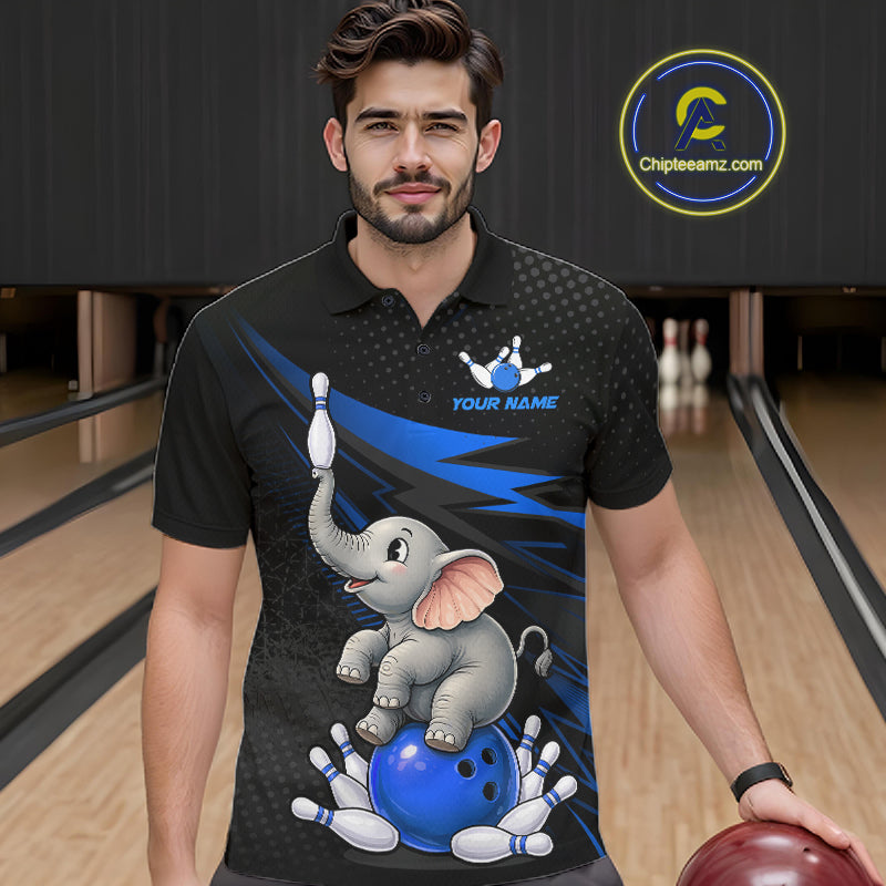 A man wearing a black short-sleeve bowling shirt with a cartoon baby elephant graphic and blue lightning accents, standing in a bowling alley. A circular 'Chipleeamz.