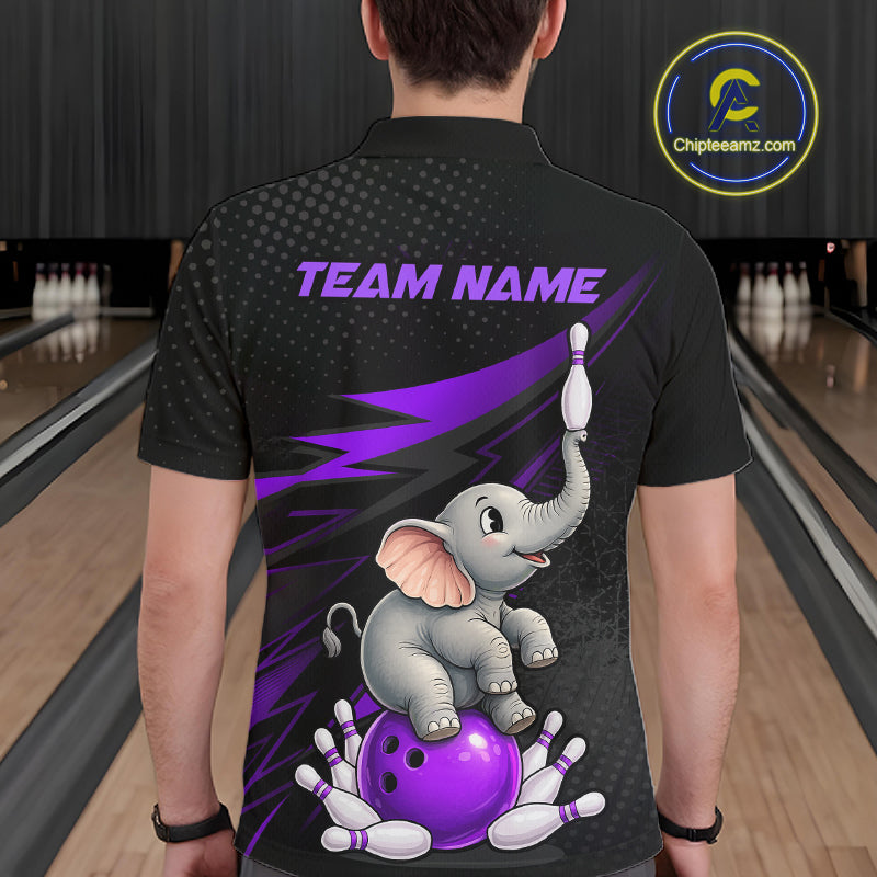 A man viewed from behind wearing a black short-sleeve bowling-themed polo shirt with a cartoon baby elephant, purple bowling ball, pins, and 'TEAM NAME' printed on the back. Bowling lanes are visible in the blurred background, and a circular 'Chipteeamz.