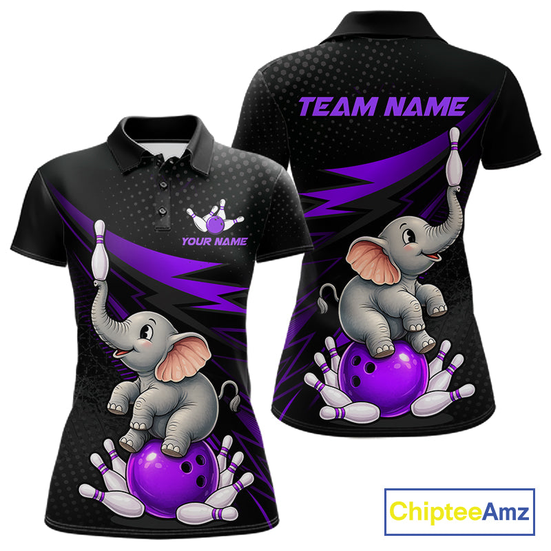 Black short-sleeve polo shirt shown from the front and back with a cartoon baby elephant bowling graphic on a purple ball and pins, plus customizable text areas reading TEAM NAME and YOUR NAME. A ChipteeAmz logo appears in the bottom right corner.