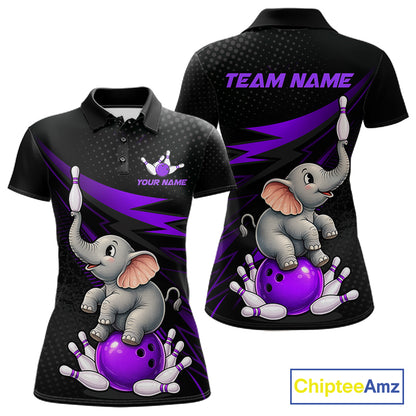 Black short-sleeve polo shirt shown from the front and back with a cartoon baby elephant bowling graphic on a purple ball and pins, plus customizable text areas reading TEAM NAME and YOUR NAME. A ChipteeAmz logo appears in the bottom right corner.