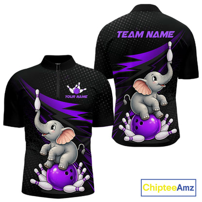 Front and back views of a black short-sleeve cycling jersey featuring a cartoon baby elephant balancing on a purple bowling ball with bowling pins. The front has a small purple and white crown logo with the text 'YOUR NAME', and the back has 'TEAM NAME' in purple.