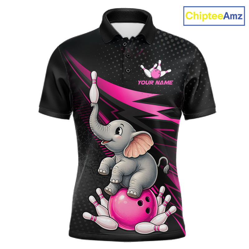 A black short-sleeve polo shirt with a custom bowling-themed graphic featuring a cartoon gray elephant balancing on a pink bowling ball among pink bowling pins. The shirt has a pink lightning-bolt pattern, a customizable name placeholder, and a ChipteeAmz logo in the top right corner.