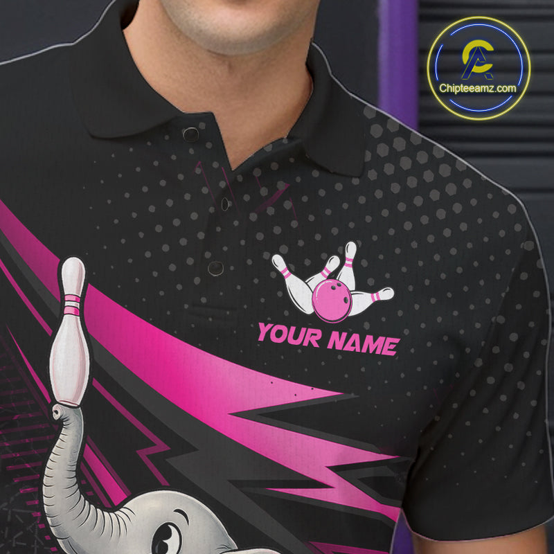 A close-up of a person wearing a black short-sleeve polo shirt with bowling-themed graphics, including bowling pins, a pink bowling ball, a gray elephant, and the text 'YOUR NAME' in pink. A circular 'Chipteamz.