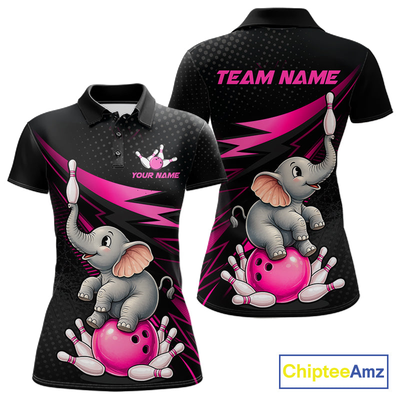 Black short-sleeve polo shirt shown from the front and back, featuring a cartoon gray elephant sitting on a pink bowling ball with pink bowling pins, pink lightning accents, and customizable text areas reading 'TEAM NAME' and 'YOUR NAME'. A ChipteeAmz logo appears in the bottom right corner.