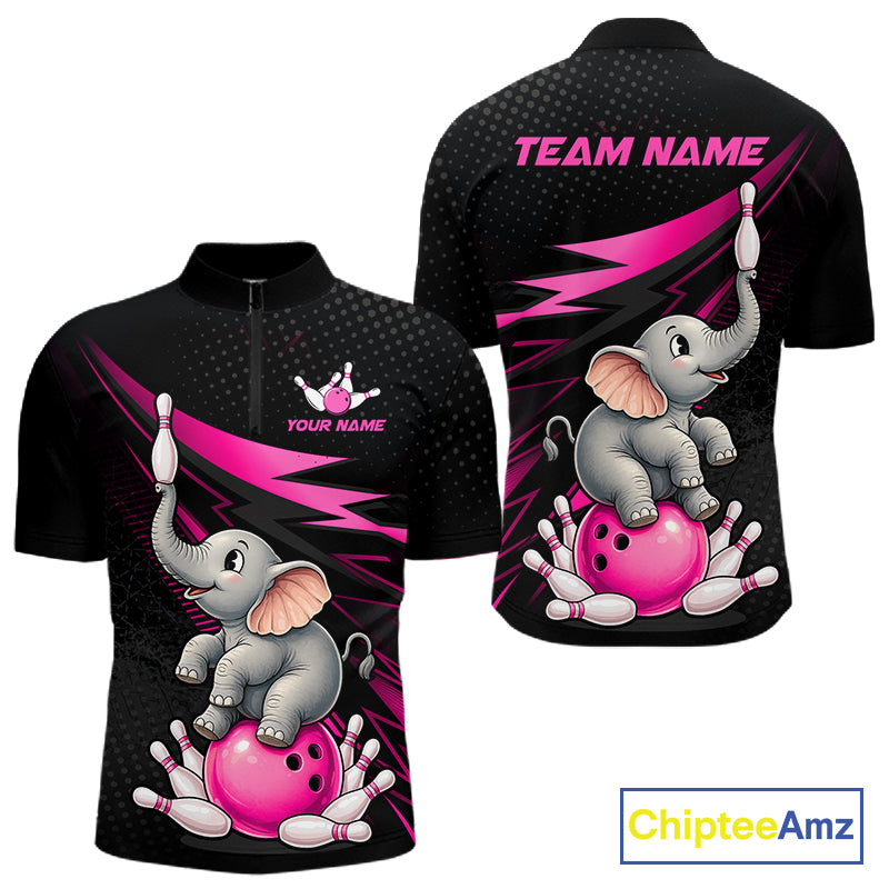 Front and back views of a black short-sleeve cycling jersey featuring a cartoon gray elephant balancing on a pink bowling ball with white bowling pins, pink lightning accents, and customizable text areas reading TEAM NAME and YOUR NAME. A ChipteeAmz logo is visible in the bottom right corner.