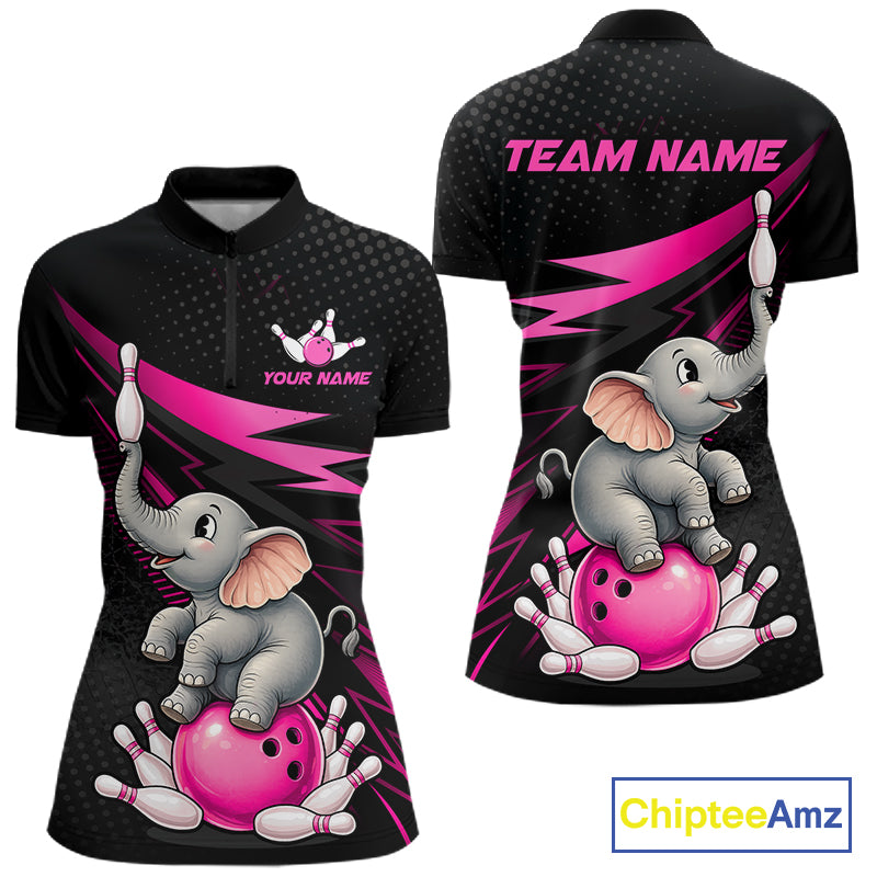 Black short-sleeve bowling-themed polo shirt shown from front and back, featuring a cartoon gray elephant sitting on a pink bowling ball with pink bowling pins, plus customizable text areas reading TEAM NAME and YOUR NAME. A ChipteeAmz logo appears in the bottom right corner.