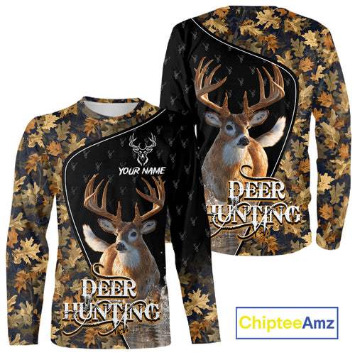 Whitetail Deer Hunting Clothes Custom Name Beautiful Autumn Leaves Camo Hunting Gifts NHT42