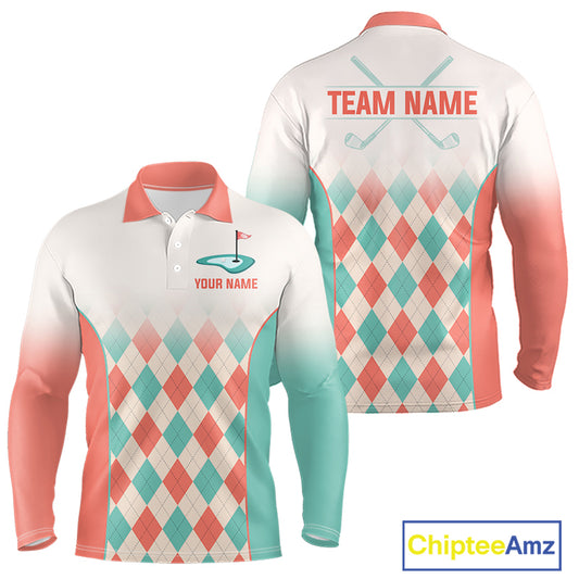Argyle Pattern Golf Polo Shirts For Mens Custom Name, Golf Pattern Orange Turquoise Shirt Gifts NHT929