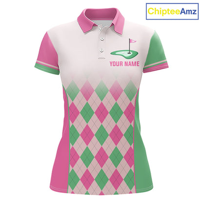 Argyle Pattern Golf Polo Shirts For Womens Custom Name, Golf Pattern Pink Green Shirt Gifts NHT930