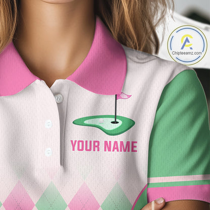 Argyle Pattern Golf Polo Shirts For Womens Custom Name, Golf Pattern Pink Green Shirt Gifts NHT930