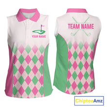 Load image into Gallery viewer, Argyle Pattern Womens Sleeveless Golf Polo Shirts For Womens Custom Name, Golf Pattern Pink Green Shirt Gifts NHT930