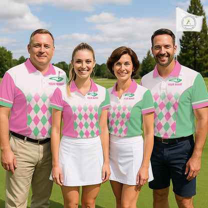 Argyle Pattern Golf Polo Shirts For Womens Custom Name, Golf Pattern Pink Green Shirt Gifts NHT930