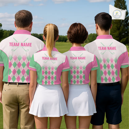 Argyle Pattern Golf Polo Shirts For Womens Custom Name, Golf Pattern Pink Green Shirt Gifts NHT930