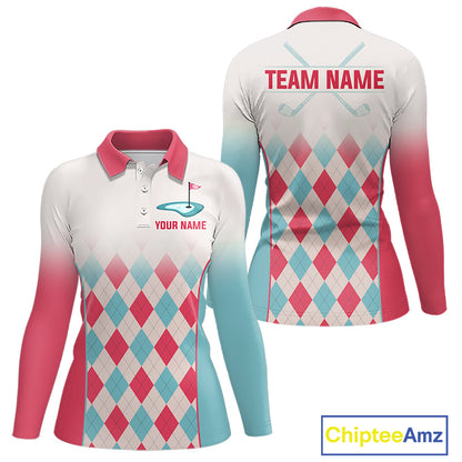 Argyle Pattern Golf Polo Shirts For Womens Custom Name, Golf Pattern Red Blue Shirt Gifts NHT931