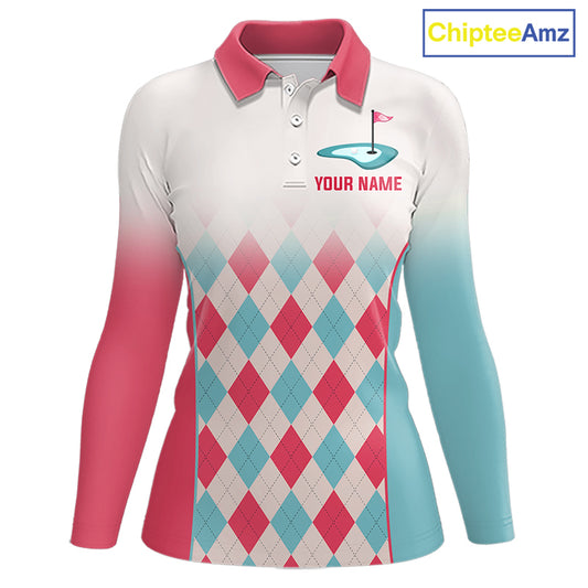 Argyle Pattern Golf Polo Shirts For Womens Custom Name, Golf Pattern Red Blue Shirt Gifts NHT931