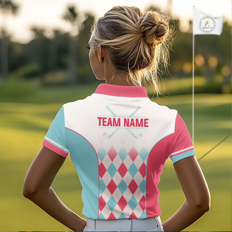 Argyle Pattern Golf Polo Shirts For Womens Custom Name, Golf Pattern Red Blue Shirt Gifts NHT931