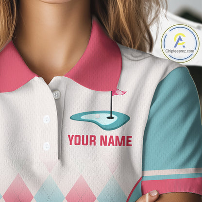 Argyle Pattern Golf Polo Shirts For Womens Custom Name, Golf Pattern Red Blue Shirt Gifts NHT931