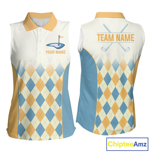 Argyle Pattern Womens Sleeveless Golf Polo Shirts For Womens Custom Name, Golf Pattern Yellow Blue Shirt Gifts NHT933