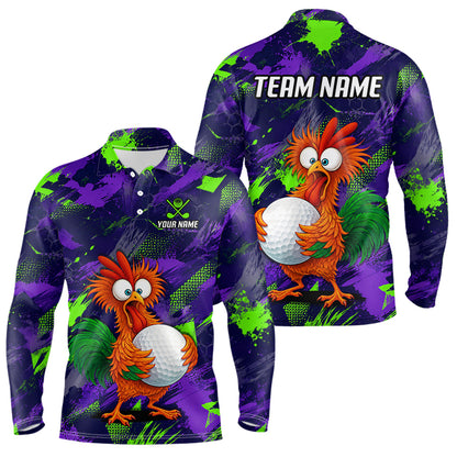 Front and back views of a long-sleeve polo shirt with a purple and green paint-splatter background, featuring a cartoon orange bird holding a white golf ball. The back view has 'TEAM NAME' printed in white at the top, and the front view has 'YOUR NAME' printed on the chest.