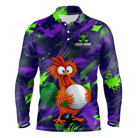 A long-sleeve polo shirt with a vibrant purple and green paint-splatter background, featuring a cartoon rooster holding a golf ball on the front and a customizable chest logo.