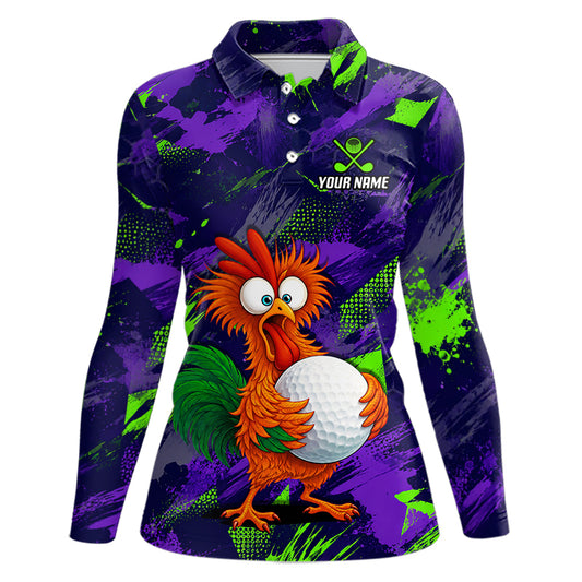 A long-sleeve women's polo shirt with a vibrant purple and green paint-splatter background, featuring a cartoon rooster holding a golf ball on the front. The shirt has a white collar, three white buttons, a custom graphic print, and a placeholder logo on the left chest that reads 'YOUR NAME'.